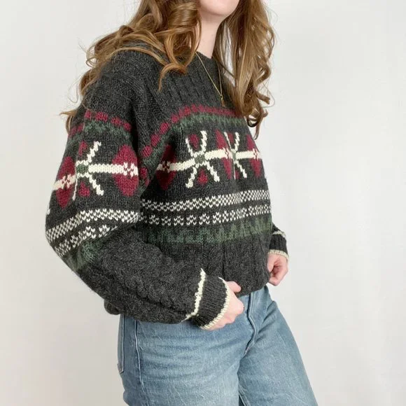 Vintage Fair Isle Cable Knit Oversized Sweater Christmas Cozy Wool Scandinavian - Picture 2 of 6